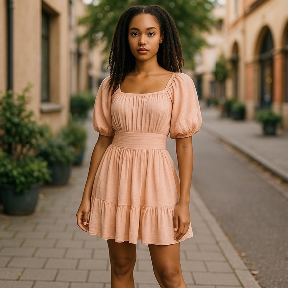 Altar'd State Women Small Peach Mini Dress Puff Sleeves Open cutout back ruffle - Picture 1 of 10